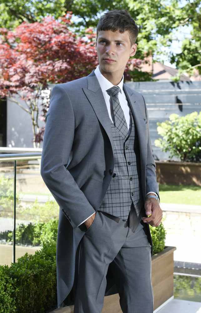 Silver Slim Fit Tail Suit with Henry Grey Vest