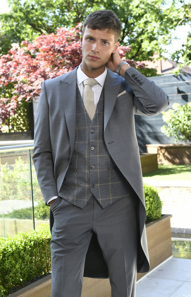 Silver Slim Fit Tail Suit with Tweed Champagne Vest
