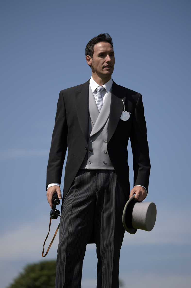 Black Herringbone Tail Suit & Stripe Trousers with Dove Grey Double Breasted Vest